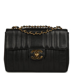 Vintage Chanel Jumbo Classic Mademoiselle Vertical Flap Black Caviar Gold Hardware