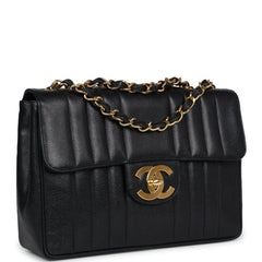 Vintage Chanel XL Jumbo Classic Mademoiselle Vertical Flap Black Caviar Gold Hardware