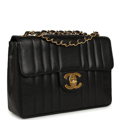 Vintage Chanel Jumbo Classic Mademoiselle Vertical Flap Black Caviar Gold Hardware