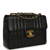 Vintage Chanel Jumbo Classic Mademoiselle Vertical Flap Black Caviar Gold Hardware
