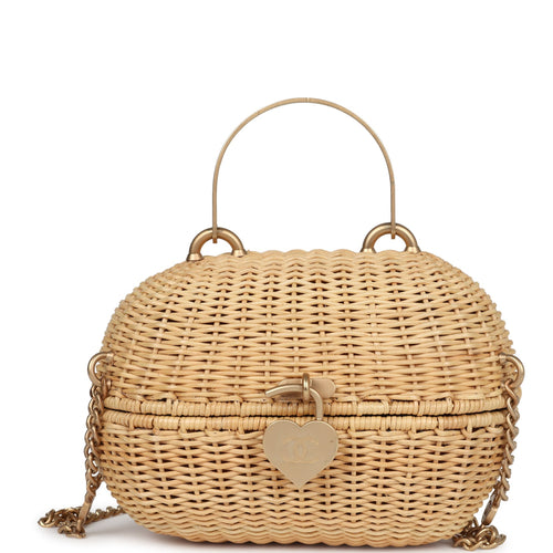 Vintage Chanel Small Heart Lock Basket Bag Natural Wicker Brushed Gold Hardware