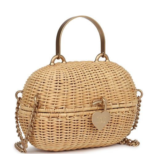 Vintage Chanel Small Heart Lock Basket Bag Natural Wicker Brushed Gold Hardware