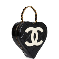 Vintage Chanel Heart Vanity Bag Black and White Patent Antique Gold Hardware
