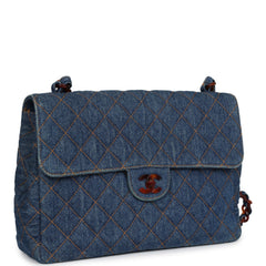 Vintage Chanel Jumbo Classic Single Flap Bag Blue Denim Tortoiseshell Bakelite Hardware