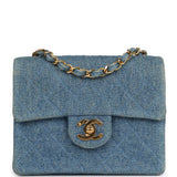 Vintage Chanel Mini Square Flap Bag Blue Denim Gold Hardware