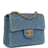 Vintage Chanel Mini Square Flap Bag Blue Denim Gold Hardware