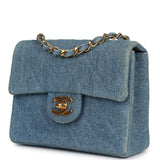 Vintage Chanel Mini Square Flap Bag Blue Denim Gold Hardware