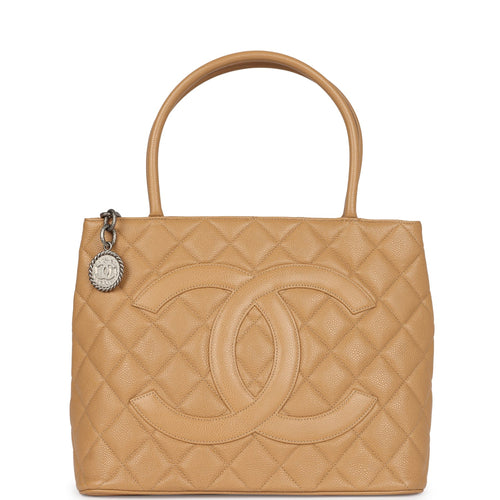 Vintage Chanel Medallion Tote Bag Beige Caviar Silver Hardware