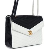 Vintage Chanel Chevron Envelope Flap Shoulder Bag Navy and White Lambskin Gold Hardware