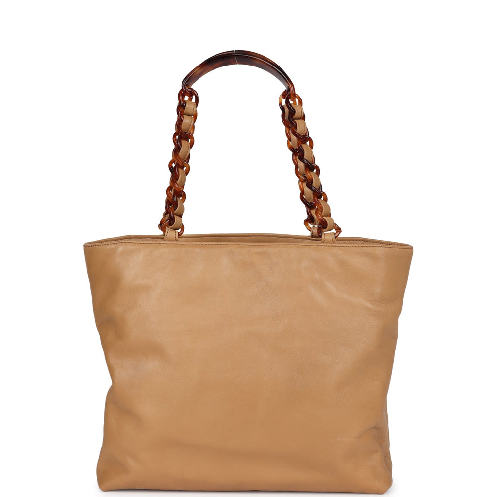 Vintage Chanel CC Shopping Tote Beige Lambskin Tortoiseshell Bakelite