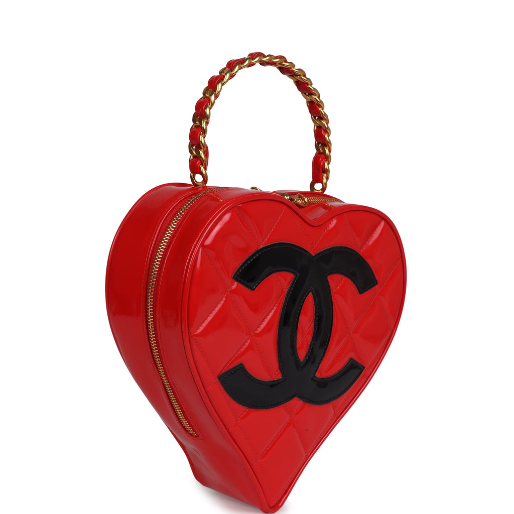 Vintage Chanel Heart Vanity Bag Red and Black Patent Antique Gold Hard