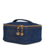 Vintage Chanel Square Vanity Case Dark Blue Denim Gold Hardware