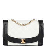 Vintage Chanel Medium Diana Flap Bag White and Black Lambskin Gold Hardware