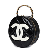 Vintage Chanel Round Vanity Bag Black and White Patent Leather Antique Gold Hardware