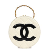 Vintage Chanel Round Vanity Bag White and Black Patent Leather Antique Gold Hardware