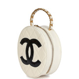 Vintage Chanel Round Vanity Bag White and Black Patent Leather Antique Gold Hardware