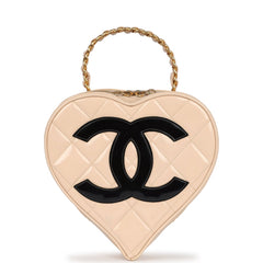 Vintage Chanel Heart Vanity Bag Beige and Black Patent Antique Gold Hardware