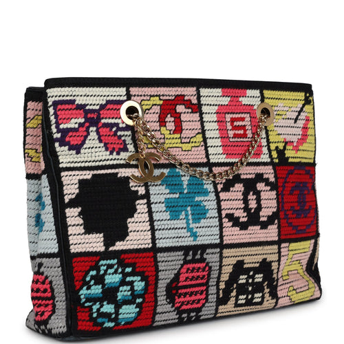 Vintage Chanel Precious Symbols Needle Point Tote Multicolor Wool Gold Hardware