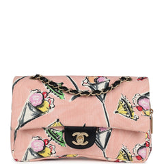 Vintage Chanel Zip Flap Bag Ice Cream Printed Pink Multicolor Canvas Brushed Gold Hardware