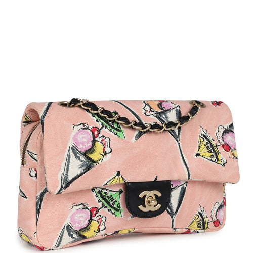 Vintage Chanel Zip Flap Bag Ice Cream Printed Pink Multicolor Canvas Brushed Gold Hardware