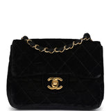 Vintage Chanel Mini Square Flap Bag Black Velvet Gold Hardware