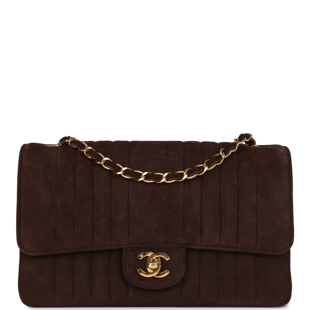 Vintage Chanel Medium Vertical Flap Bag Brown Suede Gold Hardware