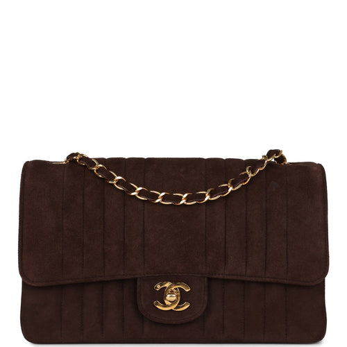 Vintage Chanel Medium Vertical Flap Bag Brown Suede Gold Hardware
