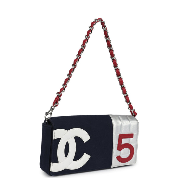 Vintage Chanel N0.5 Chain Shoulder Bag Navy, Silver, Red Canvas Silver Hardware