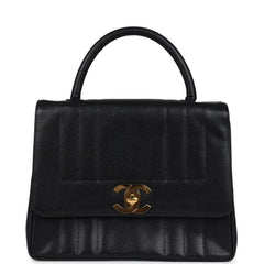 Vintage Chanel Vertical Stripe Kelly Flap Bag Black Caviar Gold Hardware