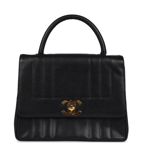 Vintage Chanel Vertical Stripe Kelly Flap Bag Black Caviar Gold Hardware