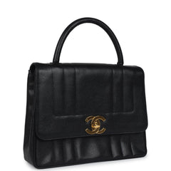 Vintage Chanel Vertical Stripe Kelly Flap Bag Black Caviar Gold Hardware