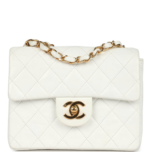Vintage Chanel Mini Square Flap Bag White Lambskin Gold Hardware