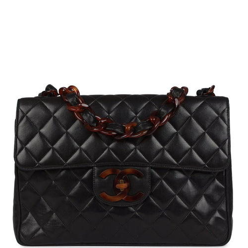 Vintage Chanel Jumbo Classic Single Flap Bag Black Lambskin Tortoiseshell Bakelite Hardware