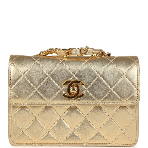 Vintage Chanel Micro Half Flap Bag Metallic Gold Lambskin Gold Hardware