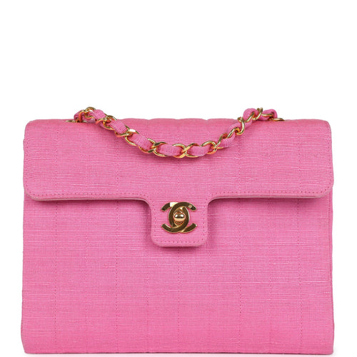 Vintage Chanel Vertical Mademoiselle Shoulder Bag Pink Linen Gold Hardware