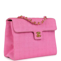 Vintage Chanel Vertical Mademoiselle Shoulder Bag Pink Linen Gold Hardware