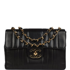 Vintage Chanel Jumbo Classic Mademoiselle Vertical Flap Black Lambskin Gold Hardware