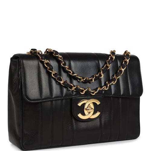 Vintage Chanel Jumbo Classic Mademoiselle Vertical Flap Black Lambskin Gold Hardware