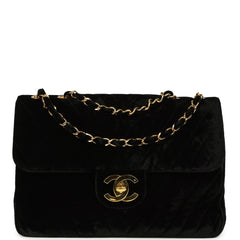 Vintage Chanel XL Classic Chevron Single Flap Bag Black Velvet Gold Hardware