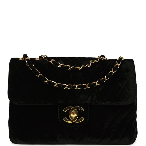 Vintage Chanel XL Classic Chevron Single Flap Bag Black Velvet Gold Hardware