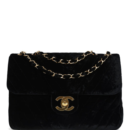 Vintage Chanel XL Classic Chevron Single Flap Bag Black Velvet Gold Hardware