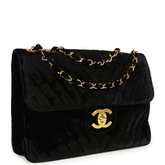 Vintage Chanel XL Classic Chevron Single Flap Bag Black Velvet Gold Hardware