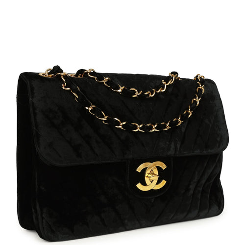 Vintage Chanel XL Classic Chevron Single Flap Bag Black Velvet Gold Hardware