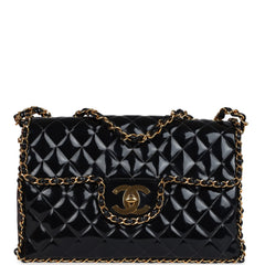 Vintage Chanel Maxi Classic Chain Around Single Flap Bag Black Patent Gold Hardware