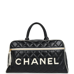 Vintage Chanel Large Logo Boston Bag Black and White Calfskin Gold Hardware