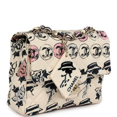 Vintage Chanel Mini Logo Square Flap Bag Light Pink Multi Printed Nylon Light Gold Hardware