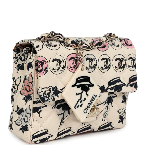 Vintage Chanel Mini Logo Square Flap Bag Light Pink Multi Printed Nylon Light Gold Hardware