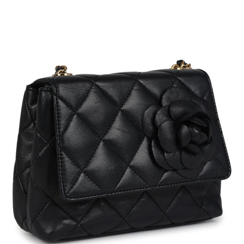 Vintage Chanel Mini Camellia Flap Bag Black Lambskin Gold Hardware
