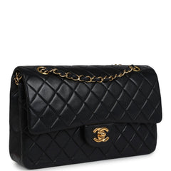 Vintage Chanel Medium Classic Double Flap Bag Black Lambskin Gold Hardware