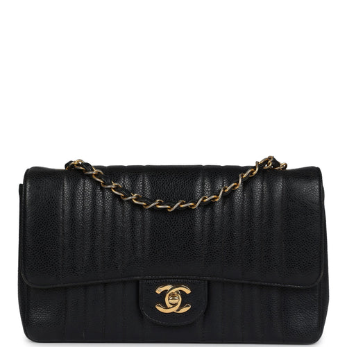 Vintage Chanel Medium Vertical Flap Bag Black Caviar Gold Hardware